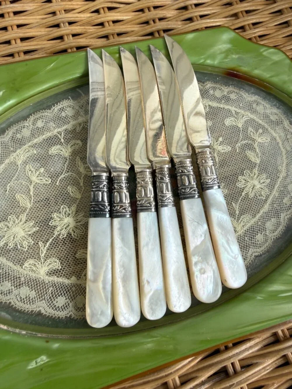 Antique 1910s Mother Of Pearl Fruit Knives Sterling Bands Boxed Set of 6